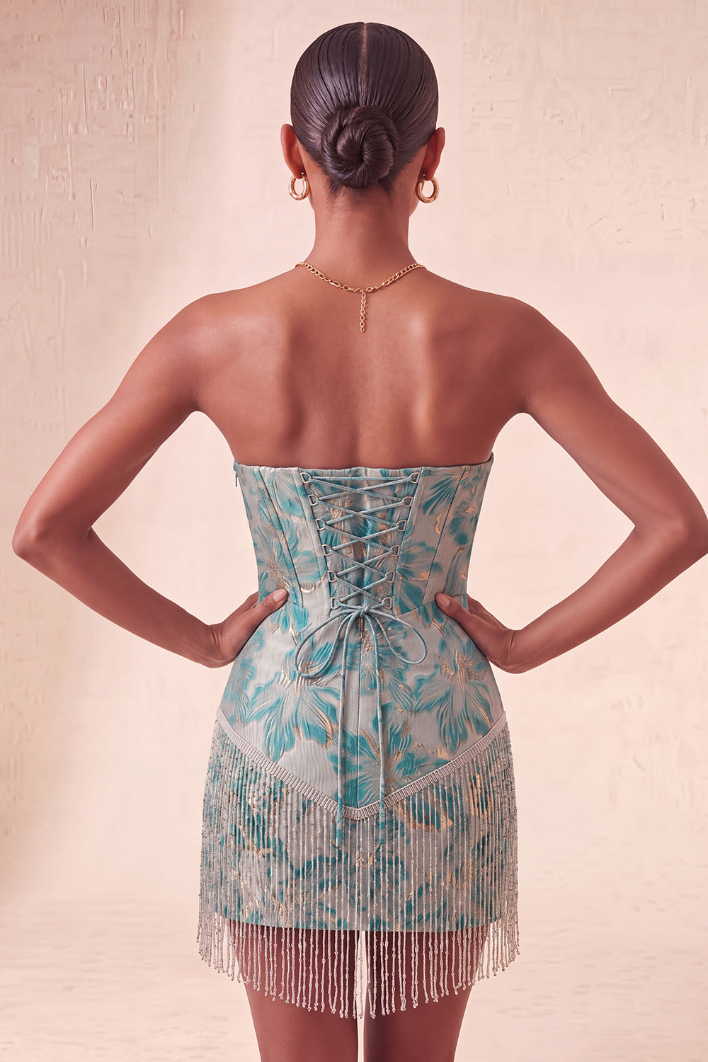 Champagne Jacquard Tight Short Corset Homecoming Dress with Fringes