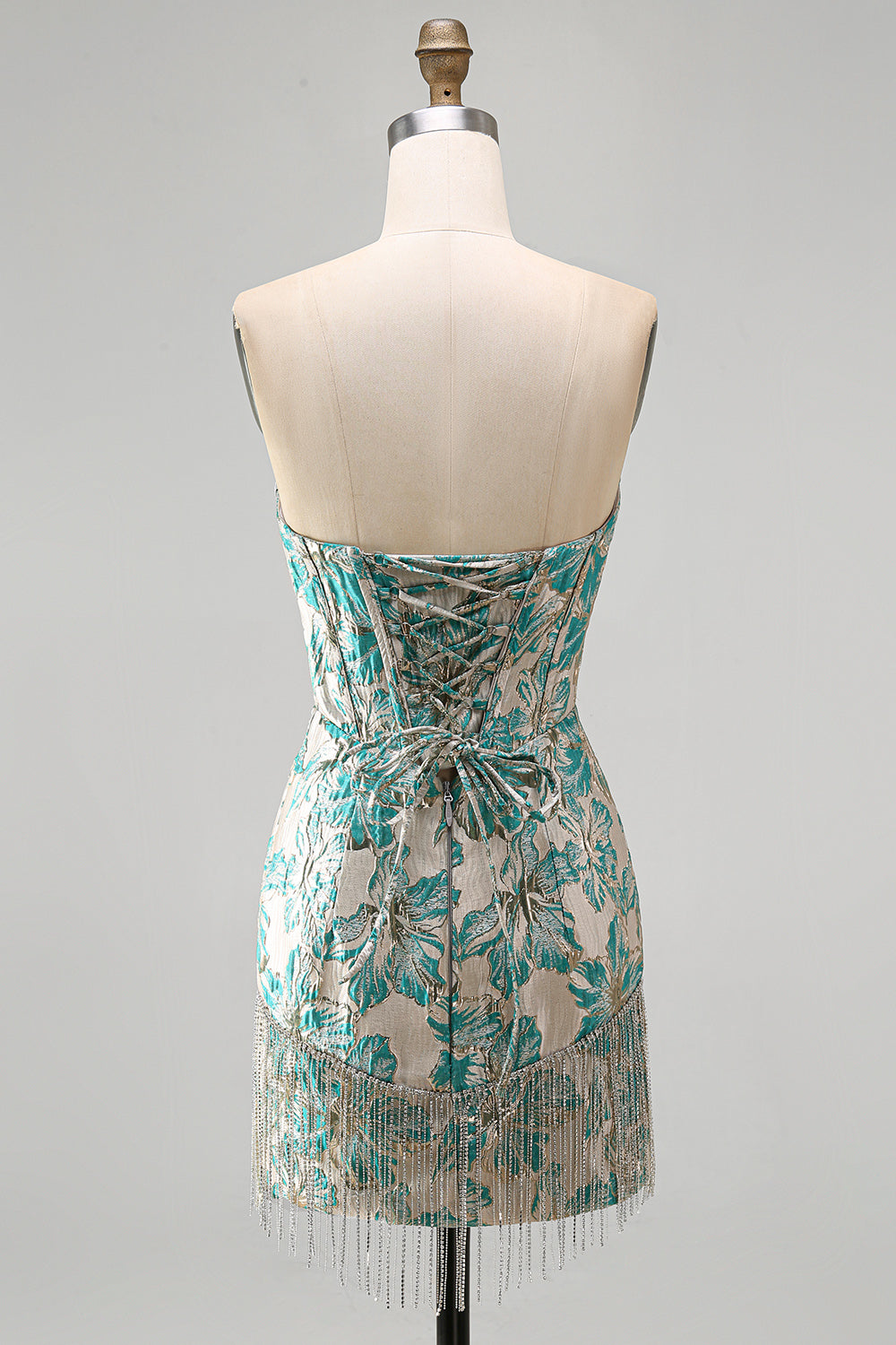 Champagne Jacquard Tight Short Corset Homecoming Dress with Fringes