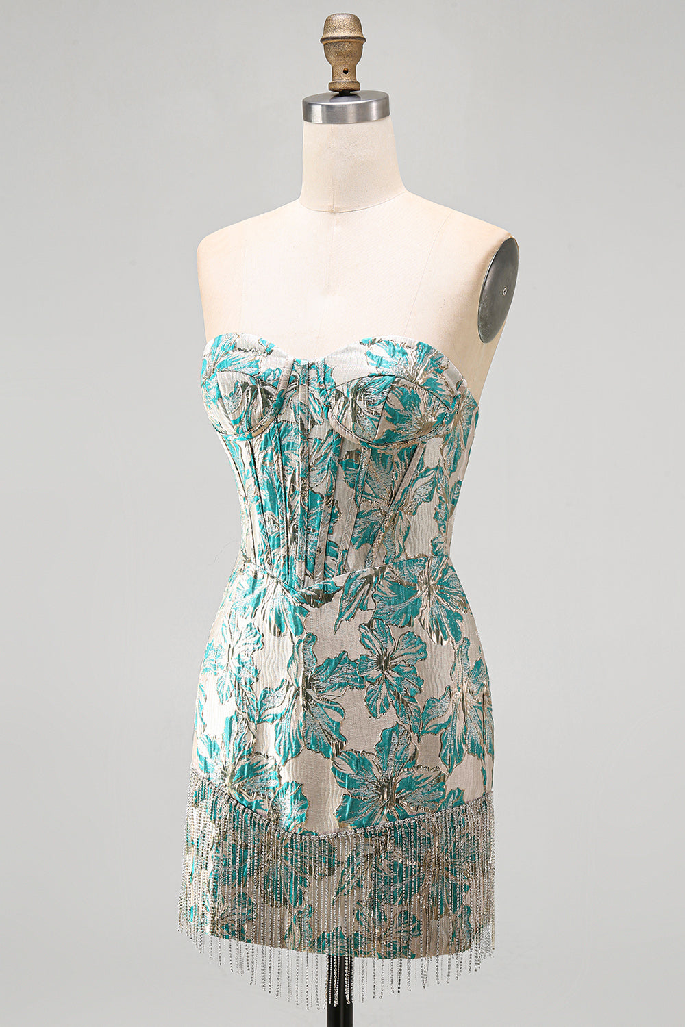 Champagne Jacquard Tight Short Corset Homecoming Dress with Fringes