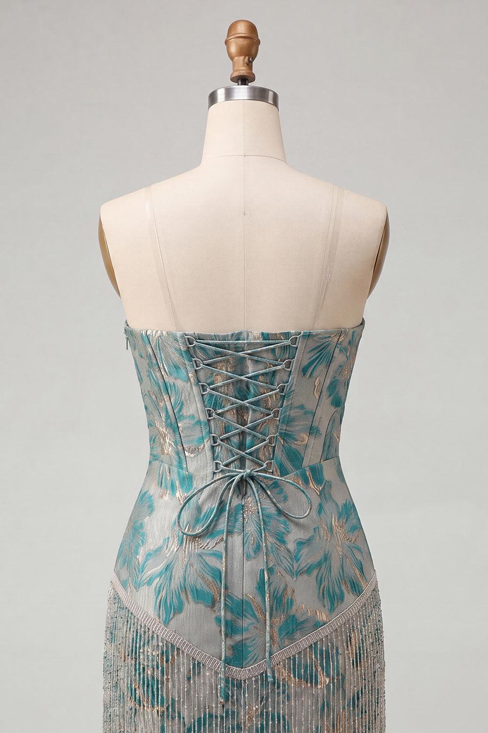 Champagne Jacquard Tight Short Corset Homecoming Dress with Fringes