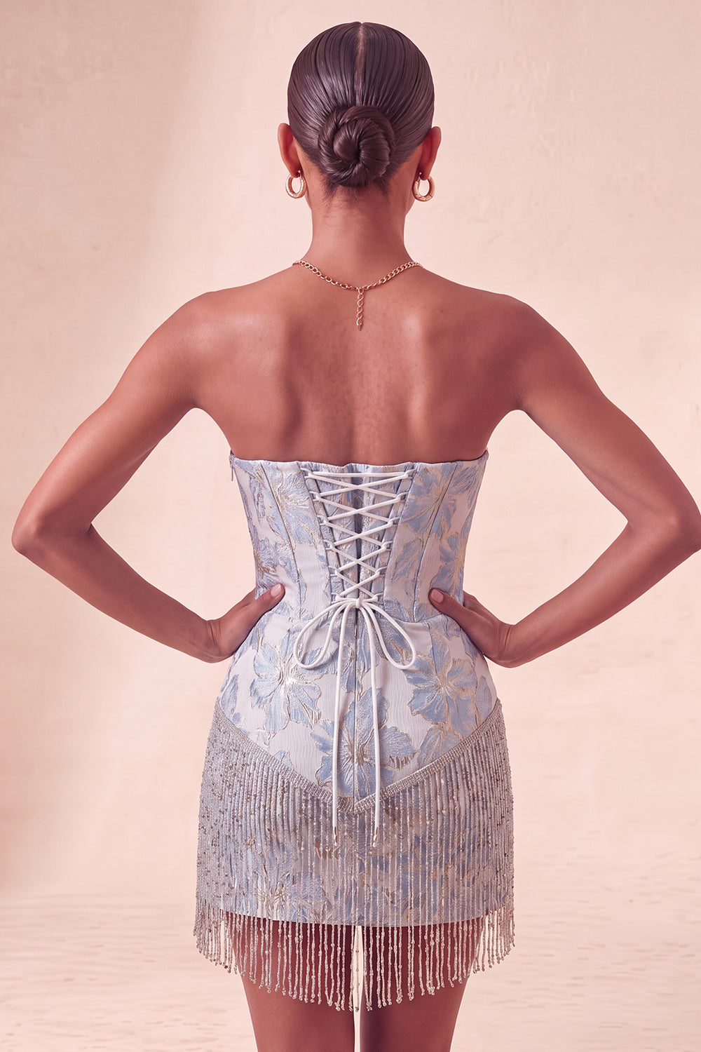 Champagne Jacquard Tight Short Corset Homecoming Dress with Fringes