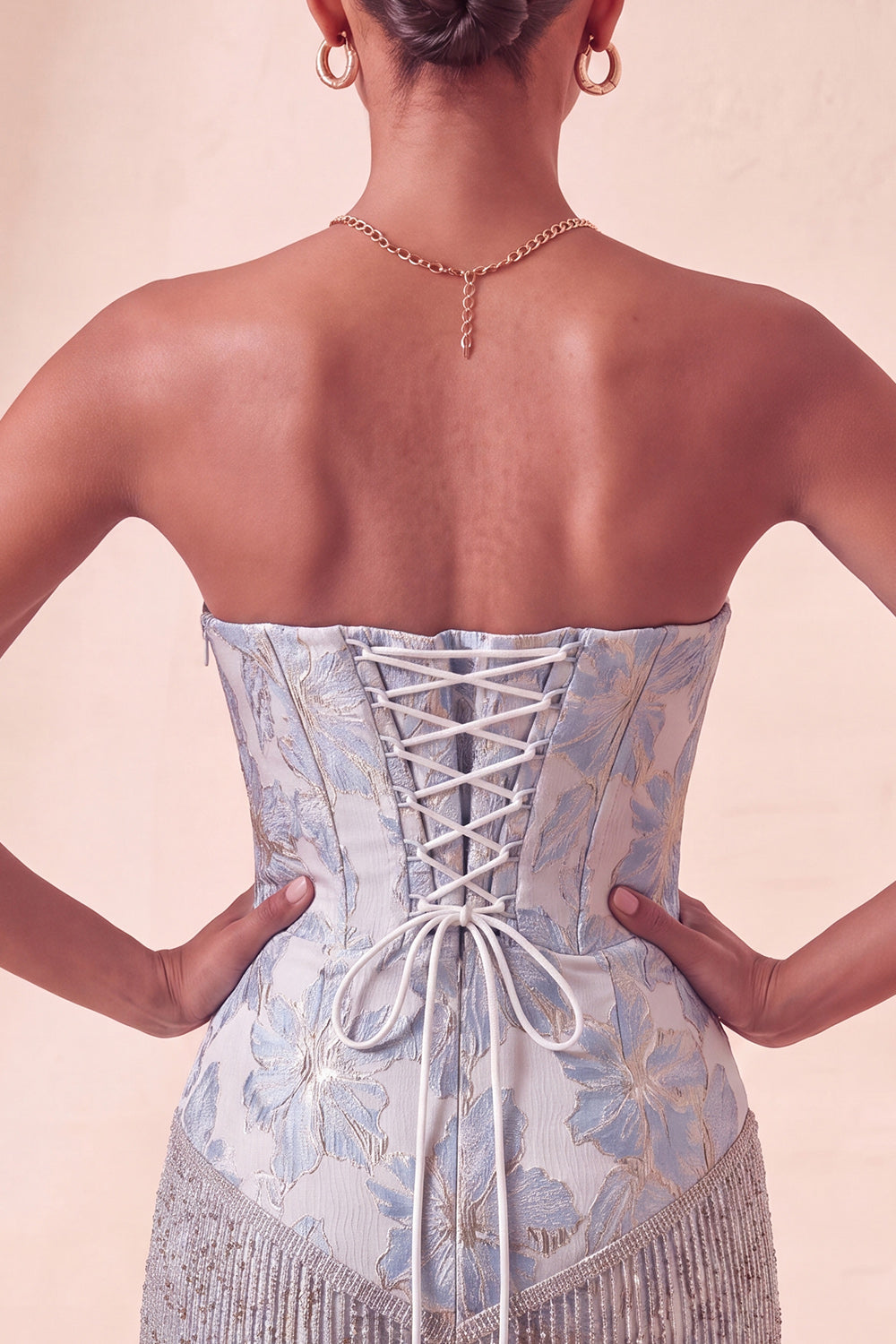 Champagne Jacquard Tight Short Corset Homecoming Dress with Fringes