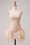 Light Blue Jacquard Square Neck Tight Short Homecoming Dress with Ruffles