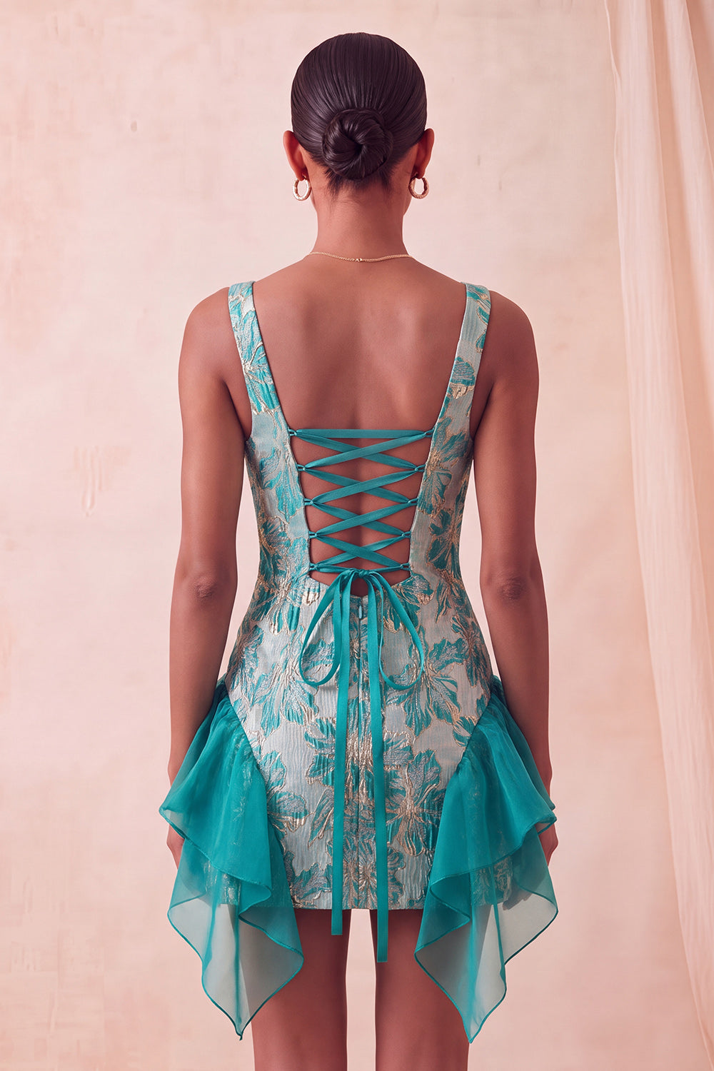 Light Blue Jacquard Square Neck Tight Short Homecoming Dress with Ruffles
