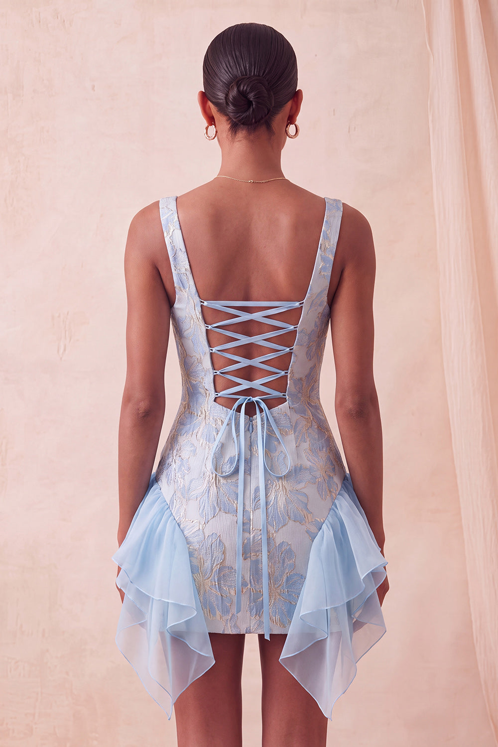 Light Blue Jacquard Square Neck Tight Short Homecoming Dress with Ruffles
