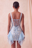 Light Blue Jacquard Square Neck Tight Short Homecoming Dress with Ruffles