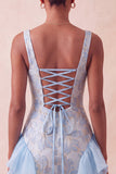 Light Blue Jacquard Square Neck Tight Short Homecoming Dress with Ruffles