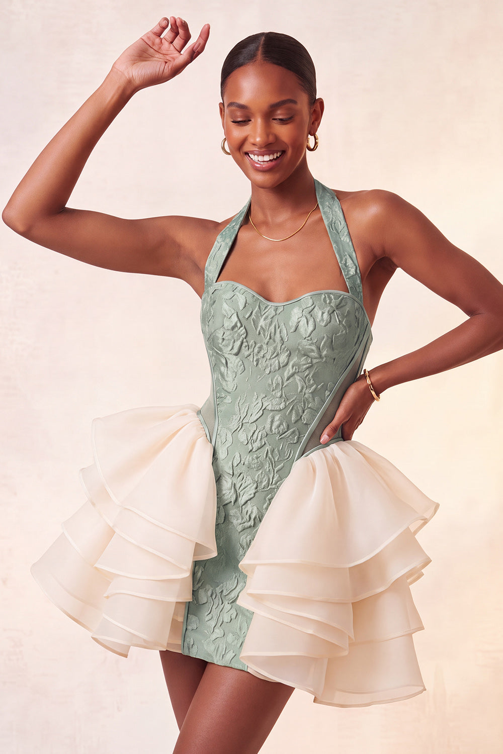 Yellow Jacquard Ruffled Halter Tight Short Homecoming Dress