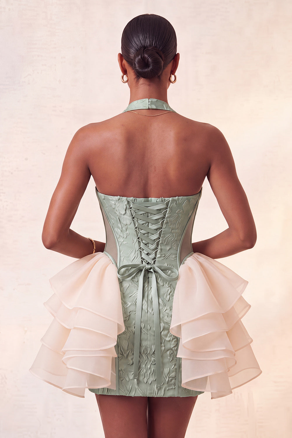 Yellow Jacquard Ruffled Halter Tight Short Homecoming Dress