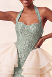 Yellow Jacquard Ruffled Halter Tight Short Homecoming Dress