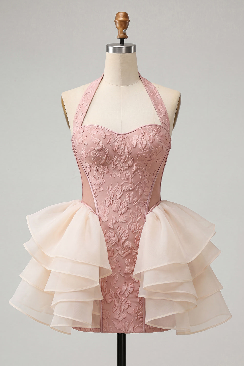 Yellow Jacquard Ruffled Halter Tight Short Homecoming Dress