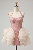Yellow Jacquard Ruffled Halter Tight Short Homecoming Dress