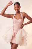 Yellow Jacquard Ruffled Halter Tight Short Homecoming Dress