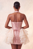 Yellow Jacquard Ruffled Halter Tight Short Homecoming Dress
