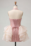 Yellow Jacquard Ruffled Halter Tight Short Homecoming Dress