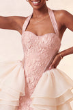 Yellow Jacquard Ruffled Halter Tight Short Homecoming Dress
