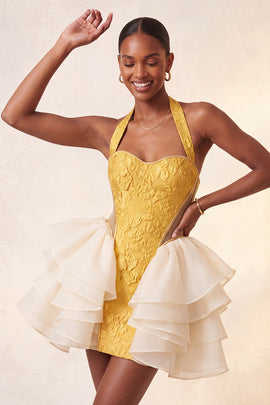 Yellow Jacquard Ruffled Halter Tight Short Homecoming Dress
