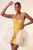 Yellow Jacquard Ruffled Halter Tight Short Homecoming Dress