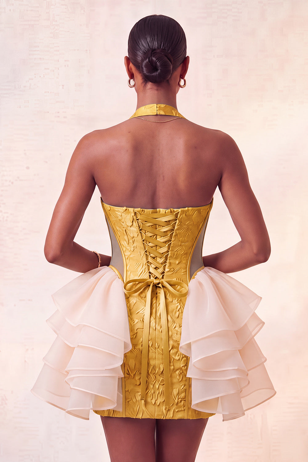 Yellow Jacquard Ruffled Halter Tight Short Homecoming Dress