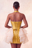 Yellow Jacquard Ruffled Halter Tight Short Homecoming Dress