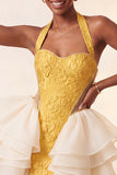 Yellow Jacquard Ruffled Halter Tight Short Homecoming Dress