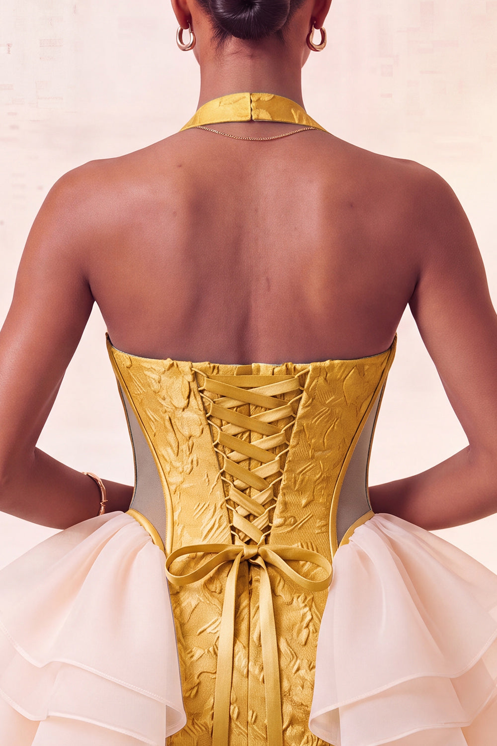 Yellow Jacquard Ruffled Halter Tight Short Homecoming Dress