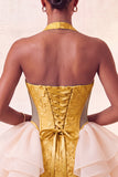 Yellow Jacquard Ruffled Halter Tight Short Homecoming Dress