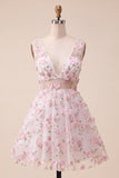 Light Blue V-Neck A-Line Short Homecoming Dress with 3D Flowers