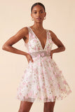 Light Blue V-Neck A-Line Short Homecoming Dress with 3D Flowers