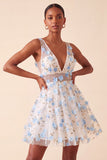 Light Blue V-Neck A-Line Short Homecoming Dress with 3D Flowers