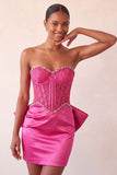 Pink Satin Appliqued Tight Short Corset Homecoming Dress with Bow