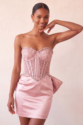 Pink Satin Appliqued Tight Short Corset Homecoming Dress with Bow