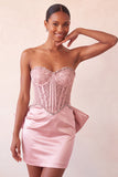 Pink Satin Appliqued Tight Short Corset Homecoming Dress with Bow