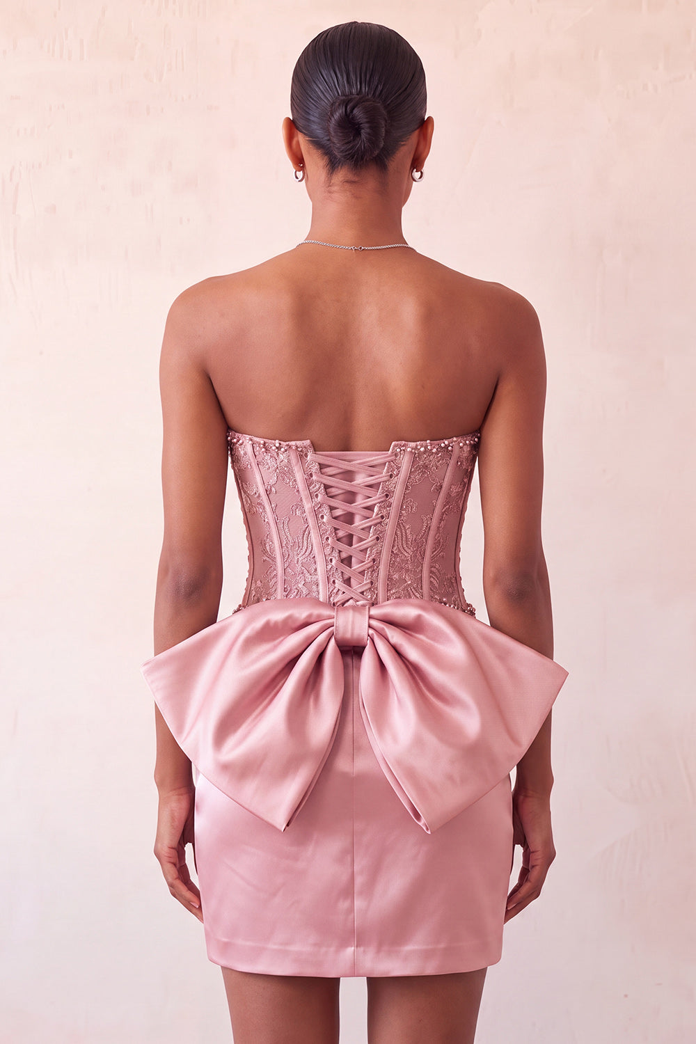 Pink Satin Appliqued Tight Short Corset Homecoming Dress with Bow