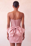 Pink Satin Appliqued Tight Short Corset Homecoming Dress with Bow