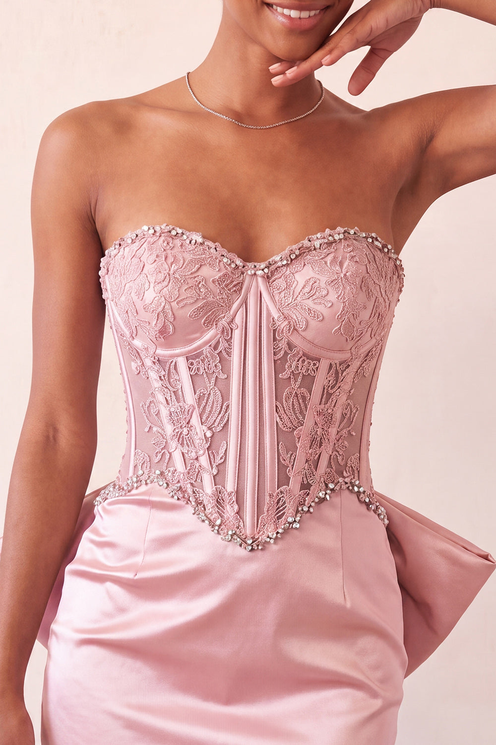 Pink Satin Appliqued Tight Short Corset Homecoming Dress with Bow