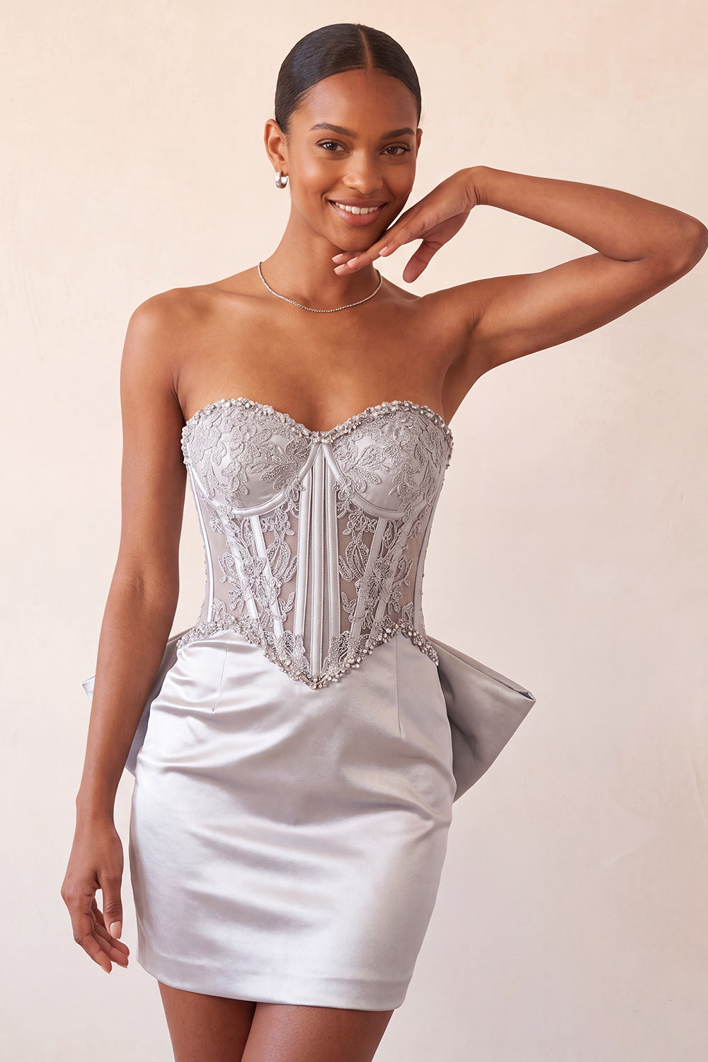 Pink Satin Appliqued Tight Short Corset Homecoming Dress with Bow