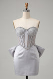 Pink Satin Appliqued Tight Short Corset Homecoming Dress with Bow