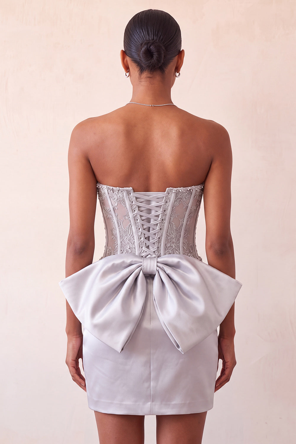 Pink Satin Appliqued Tight Short Corset Homecoming Dress with Bow