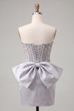 Pink Satin Appliqued Tight Short Corset Homecoming Dress with Bow
