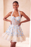 Floral Light Blue Corset Ruffled Halter A Line Short Homecoming Dress