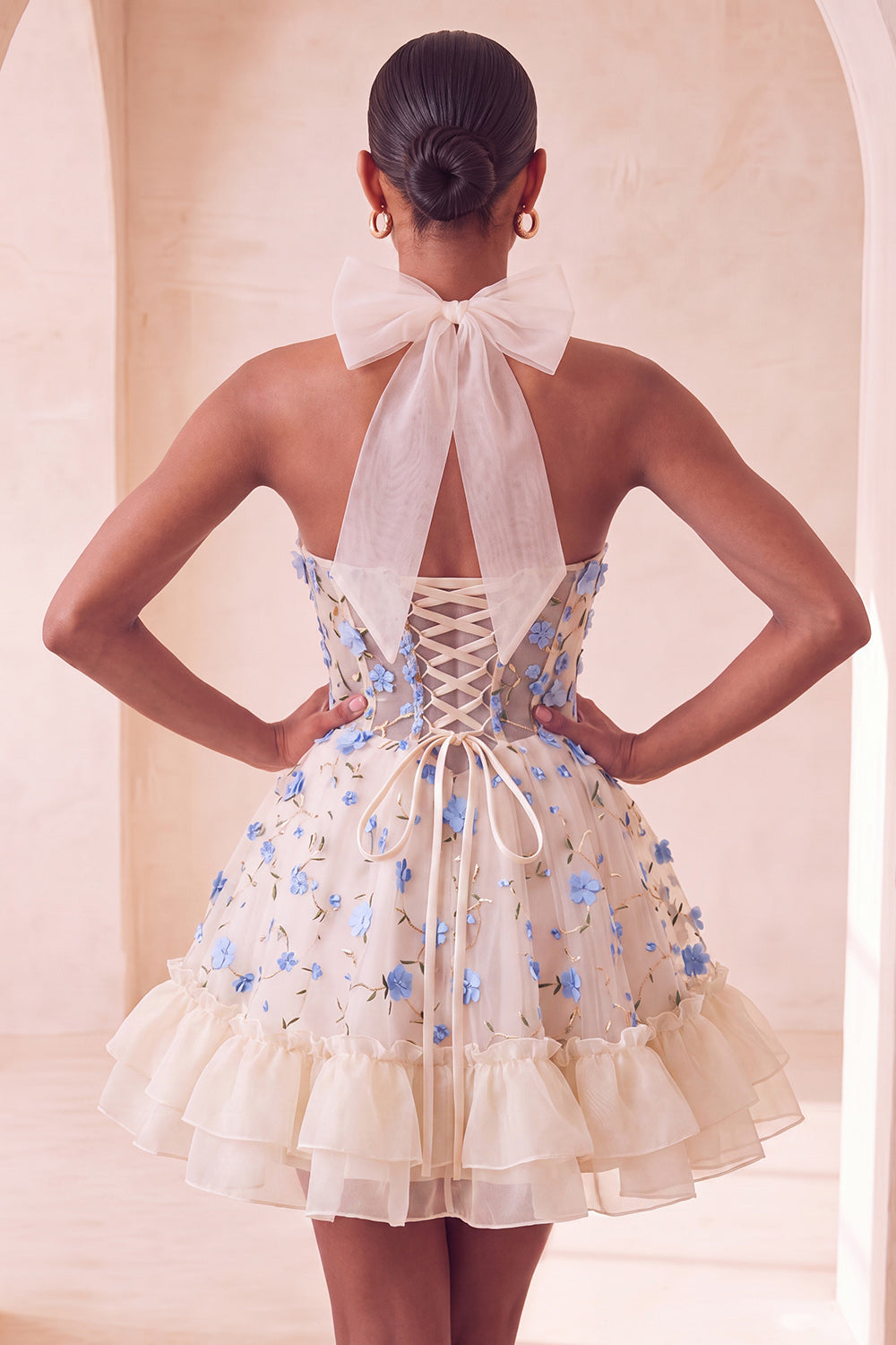 Floral Light Blue Corset Ruffled Halter A Line Short Homecoming Dress