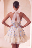 Floral Light Blue Corset Ruffled Halter A Line Short Homecoming Dress