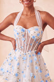 Floral Light Blue Corset Ruffled Halter A Line Short Homecoming Dress