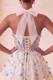 Floral Light Blue Corset Ruffled Halter A Line Short Homecoming Dress