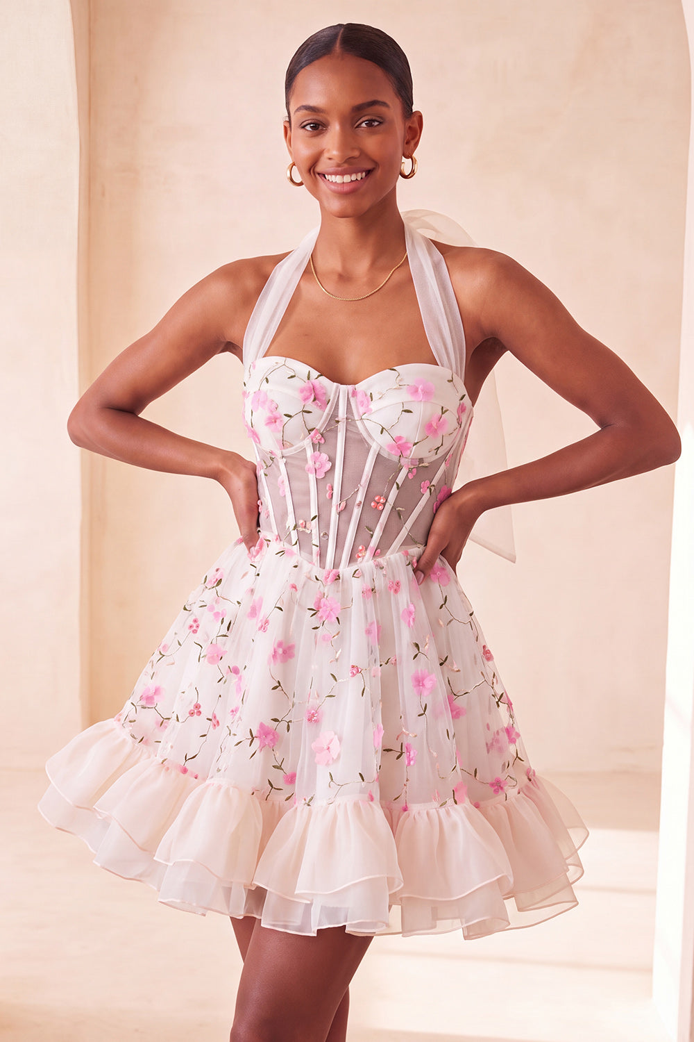Floral Light Blue Corset Ruffled Halter A Line Short Homecoming Dress