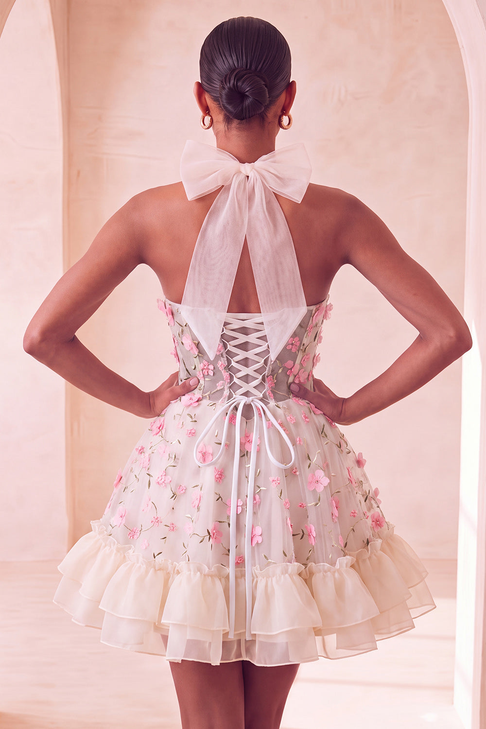 Floral Light Blue Corset Ruffled Halter A Line Short Homecoming Dress