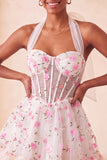 Floral Light Blue Corset Ruffled Halter A Line Short Homecoming Dress