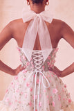 Floral Light Blue Corset Ruffled Halter A Line Short Homecoming Dress