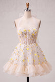 Floral Light Blue Corset Ruffled Halter A Line Short Homecoming Dress